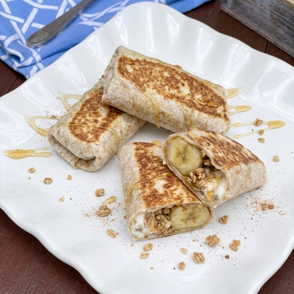 Banana Wrap with Honey and Granola cut open on a white plate