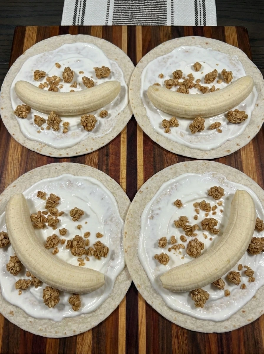 Bananas and granola layered over yogurt coated tortillas