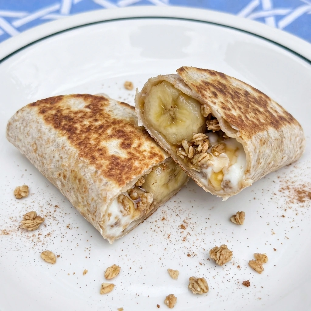 Single Banana Wrap with Honey and Granola sliced to show the filling