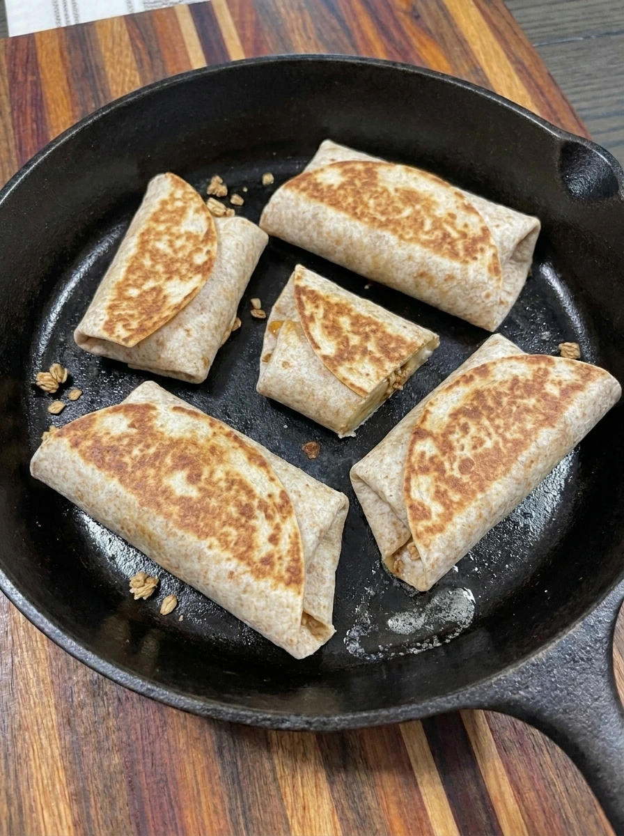 Four banana wraps toasted with irregular golden brown patches