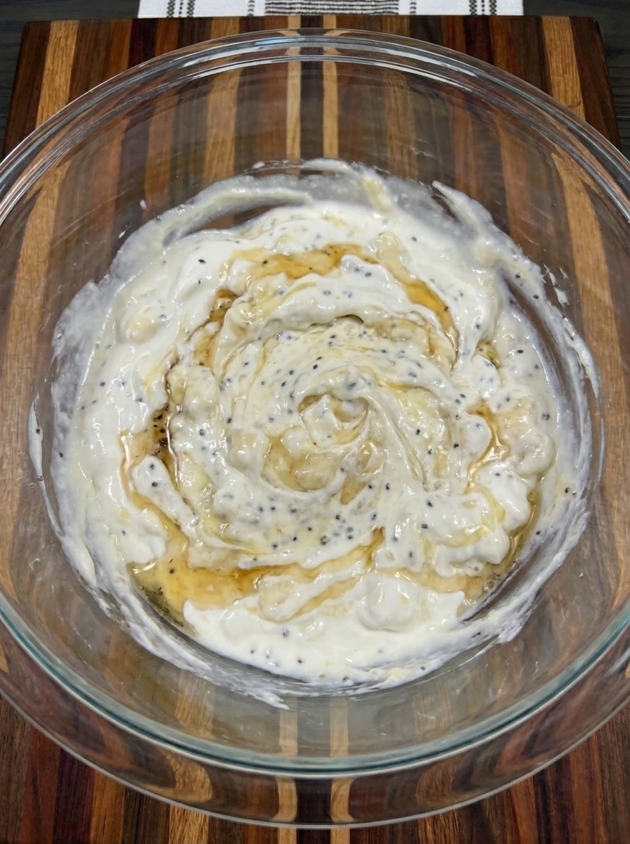 Banana folded into Greek yogurt with honey and chia seeds