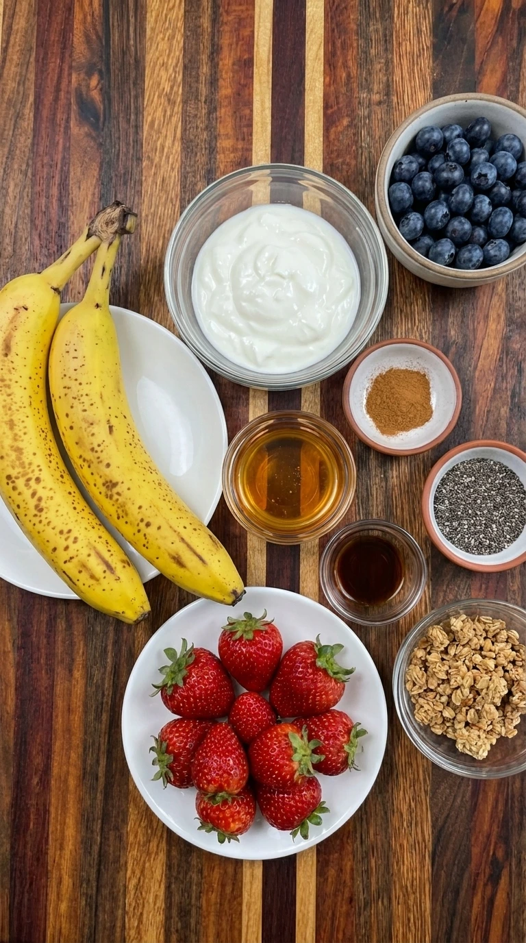Ingredients for Banana Yogurt Parfait Bowl in separate containers