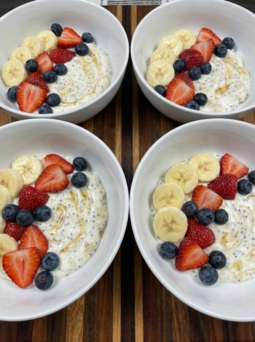 Banana yogurt layered with strawberries and blueberries