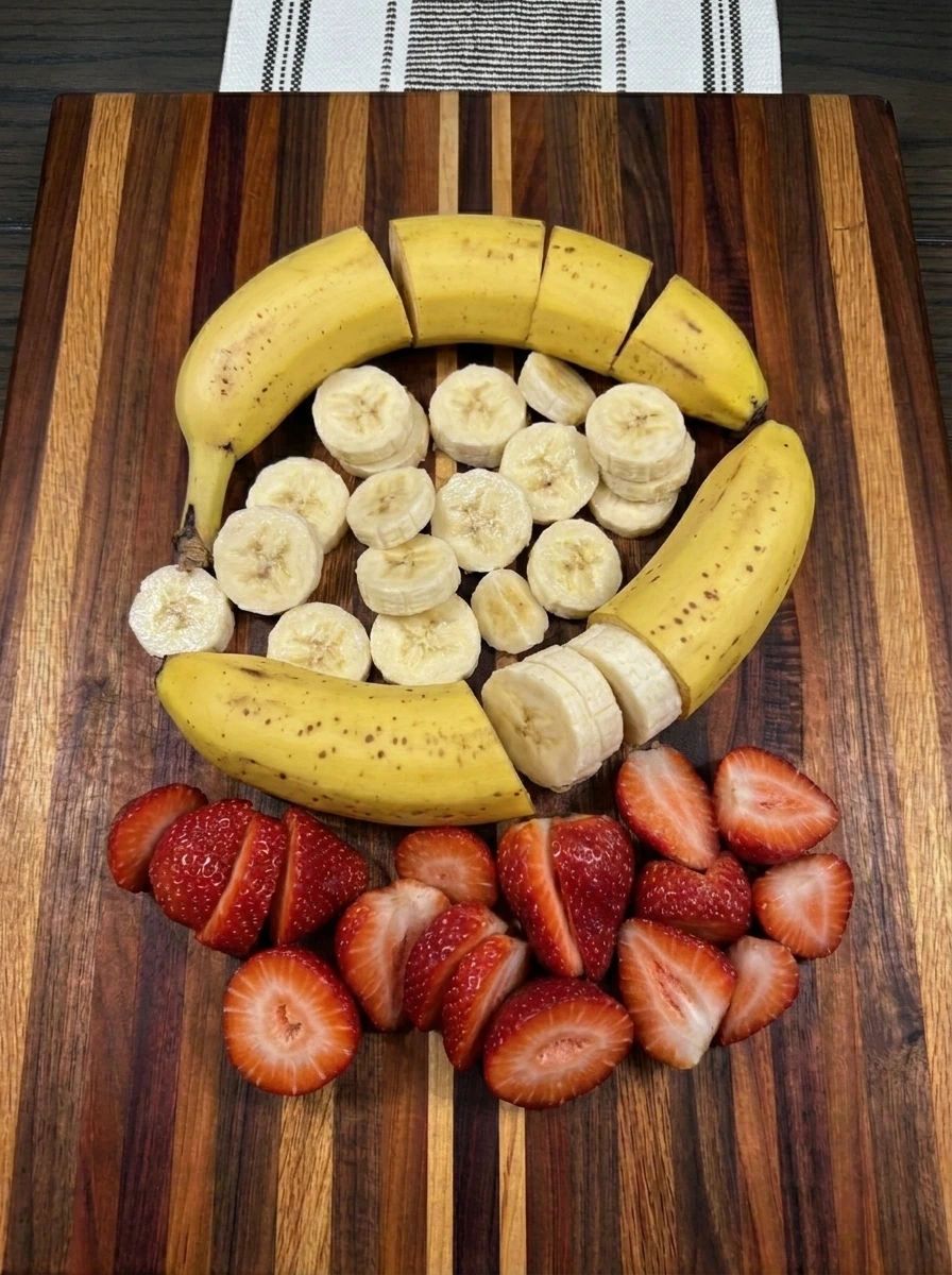 Sliced bananas and strawberries for Banana Yogurt Parfait Bowl