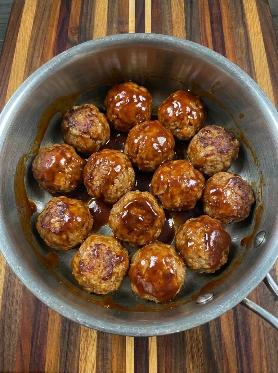 Turkey meatballs coated in glossy barbecue sauce