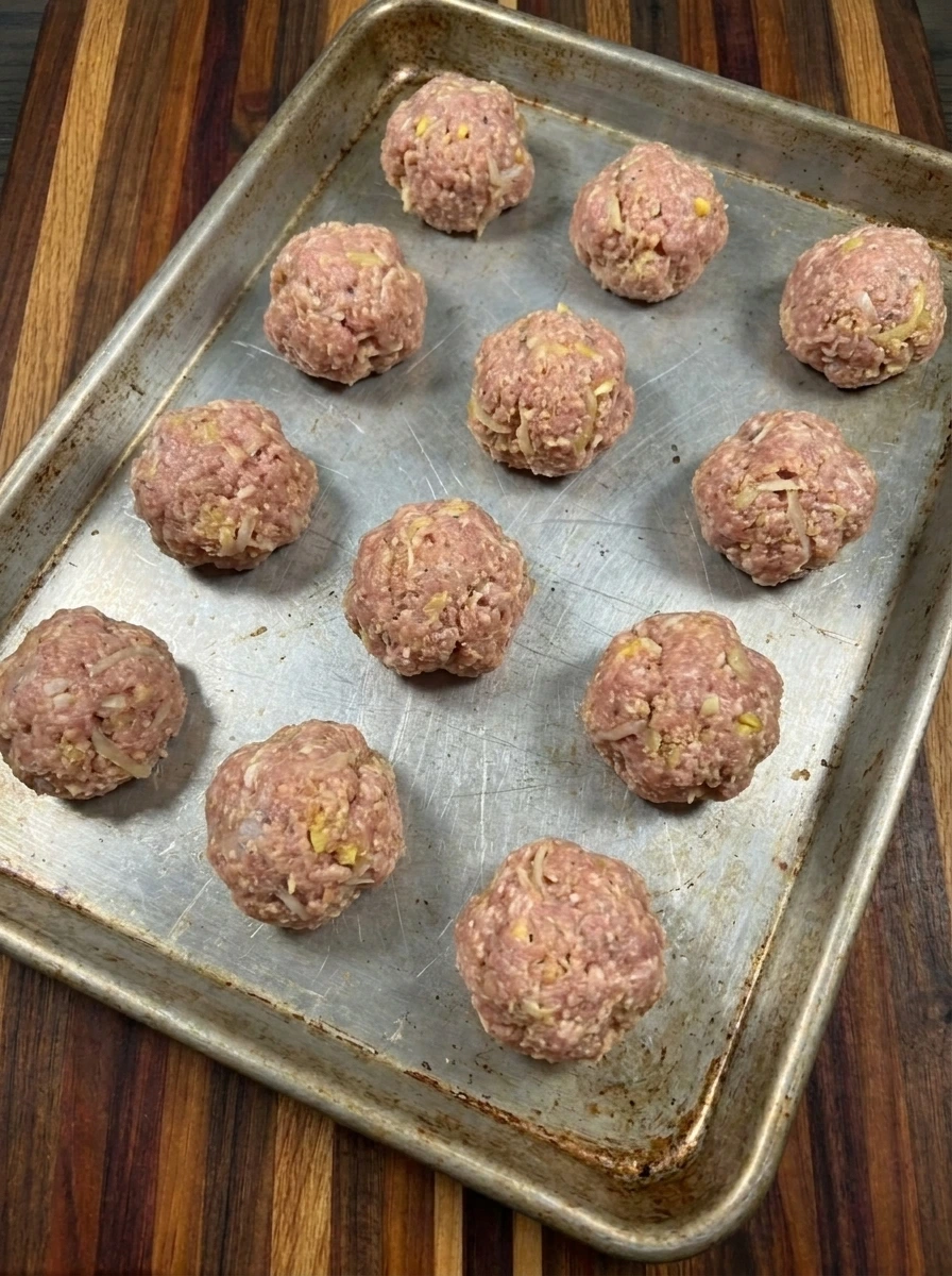 Twelve raw turkey meatballs shaped on a baking tray