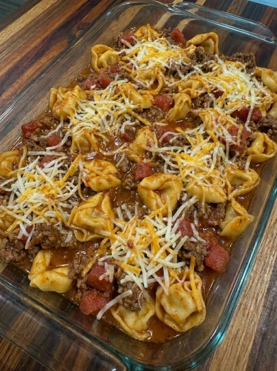 Baked Beef Enchilada Tortellini with melted browned cheese