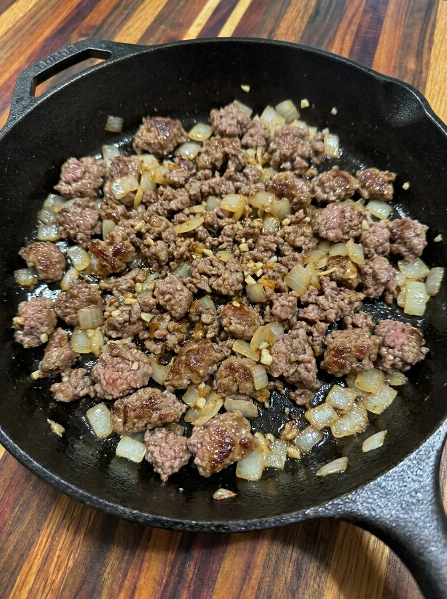 Ground beef browned with onion and garlic for Beef Enchilada Tortellini