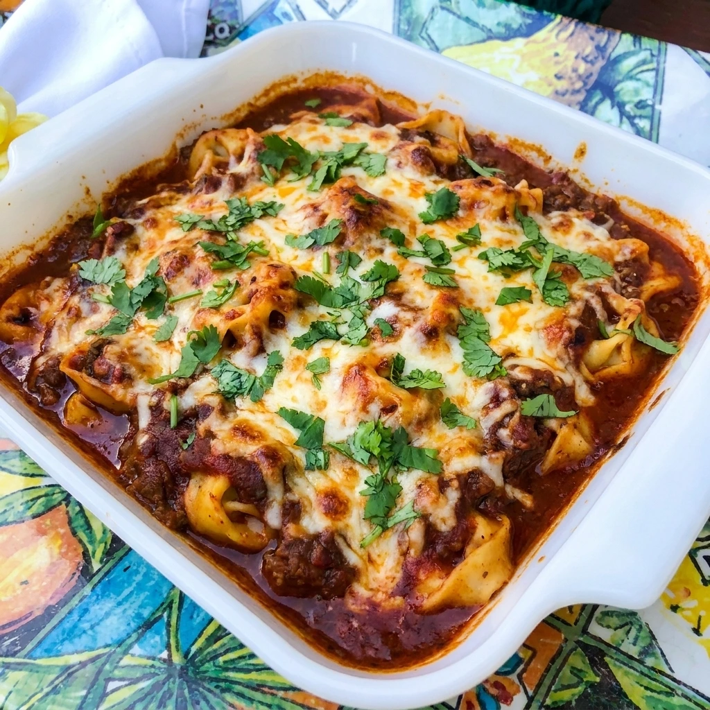 Beef Enchilada Tortellini with melted cheese and red enchilada beef sauce