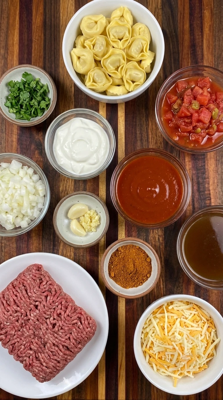 Ingredients for Beef Enchilada Tortellini arranged in separate containers