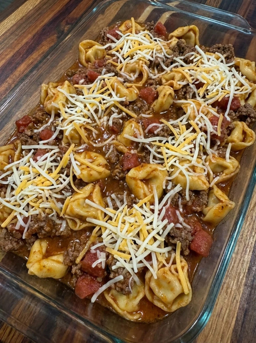 Beef Enchilada Tortellini layered with shredded cheese before baking