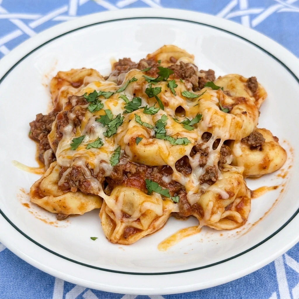 Single serving of Beef Enchilada Tortellini on a white plate