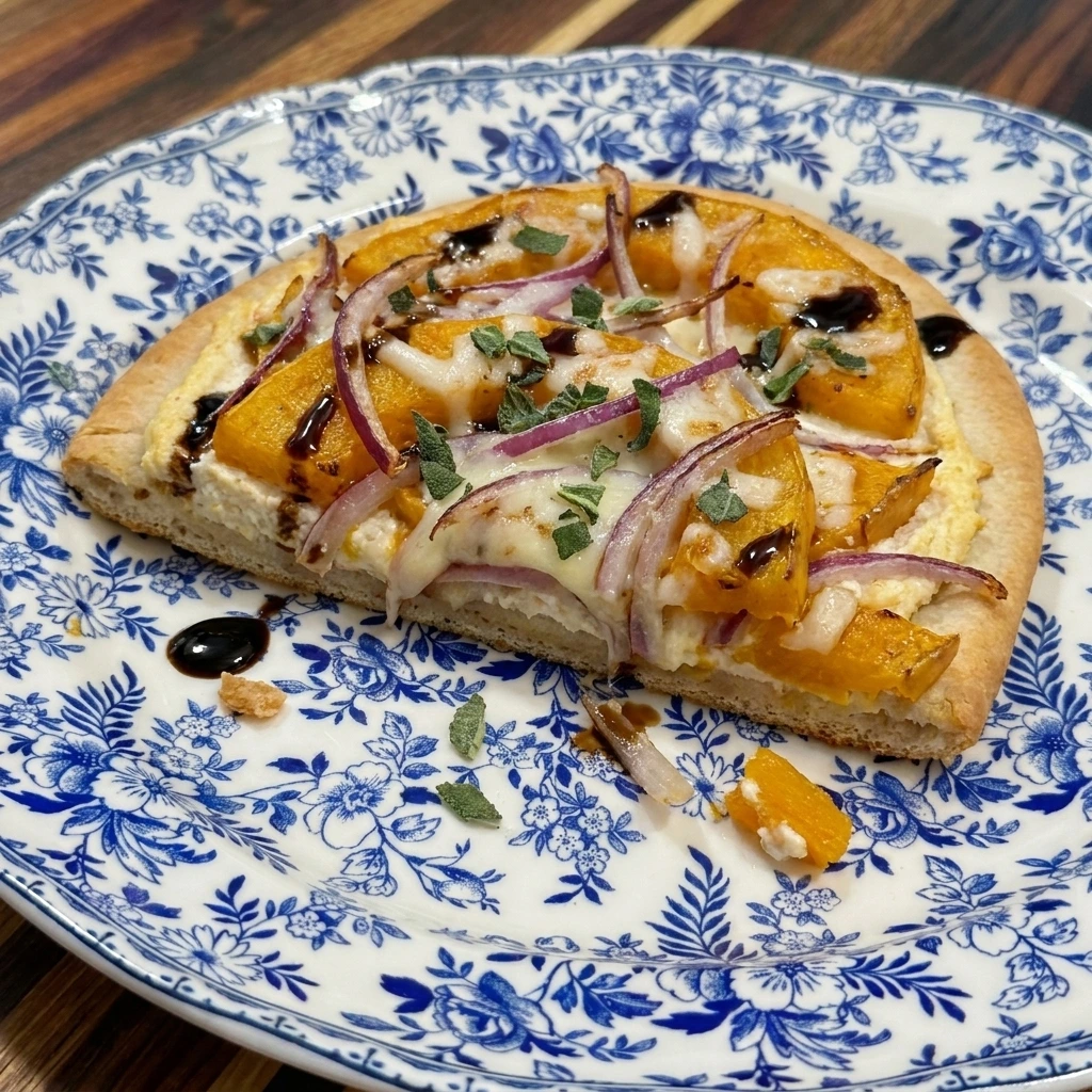 Served slice of Butternut Squash Flatbread with sage and balsamic glaze