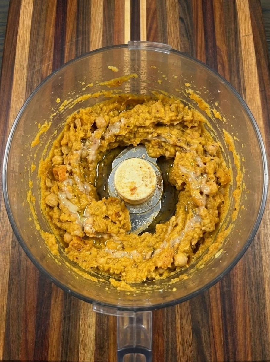 Roasted squash and chickpeas blended into thick hummus