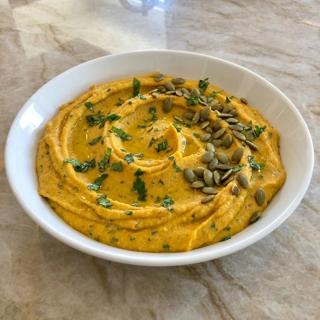 Creamy Butternut Squash Hummus topped with pumpkin seeds and parsley