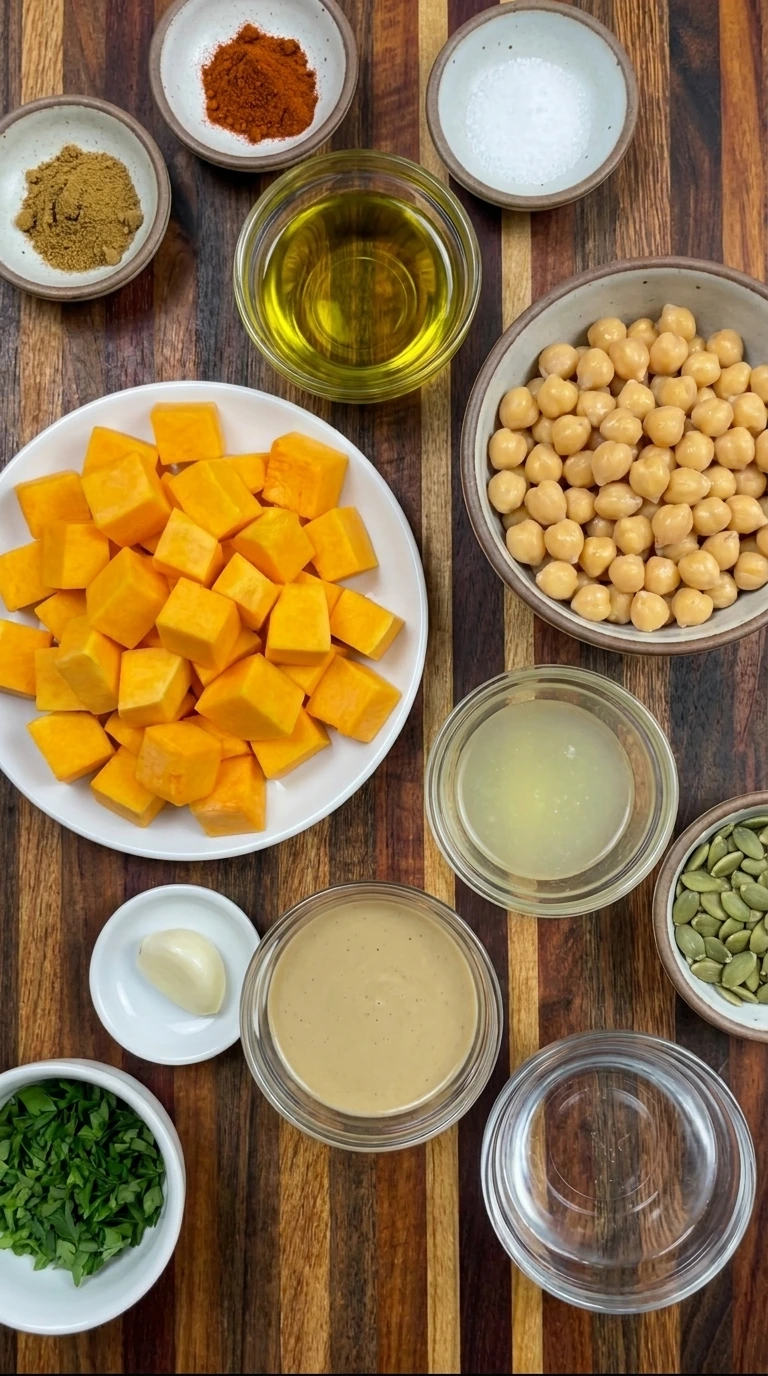 Ingredients for homemade Butternut Squash Hummus in separate bowls