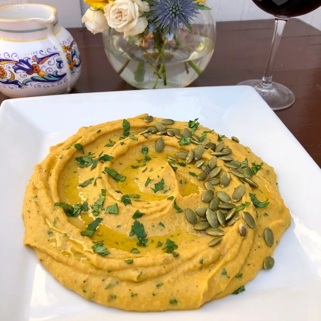 Single serving of Butternut Squash Hummus with pumpkin seeds