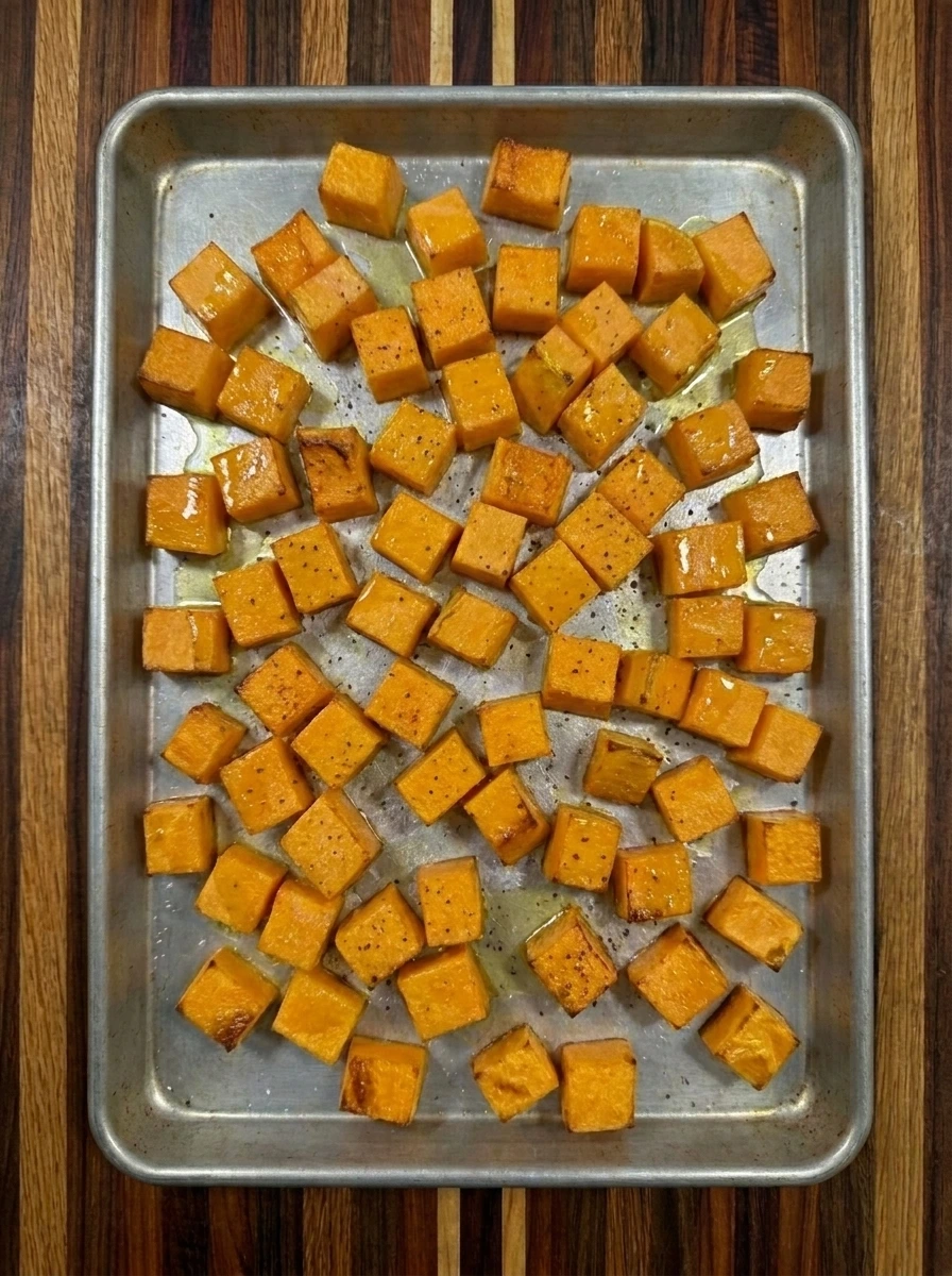 Roasted butternut squash cubes with browned edges