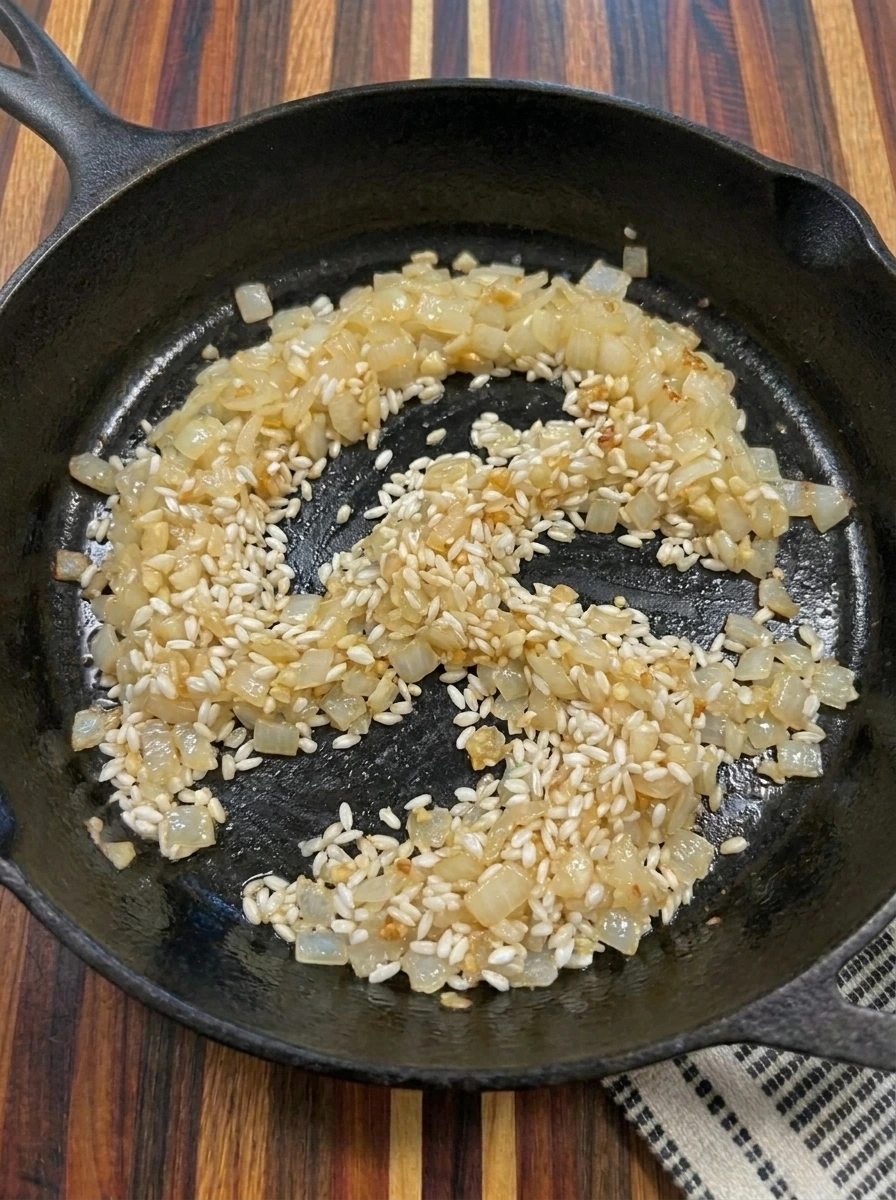 Arborio rice toasted with onion and garlic