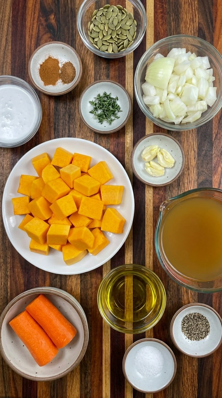 Ingredients for Butternut Squash Soup in separate bowls