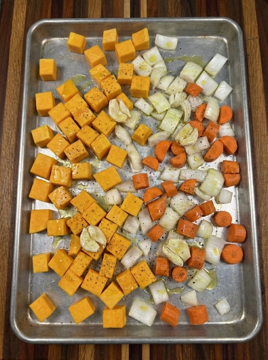 Cubed squash and vegetables coated for Butternut Squash Soup