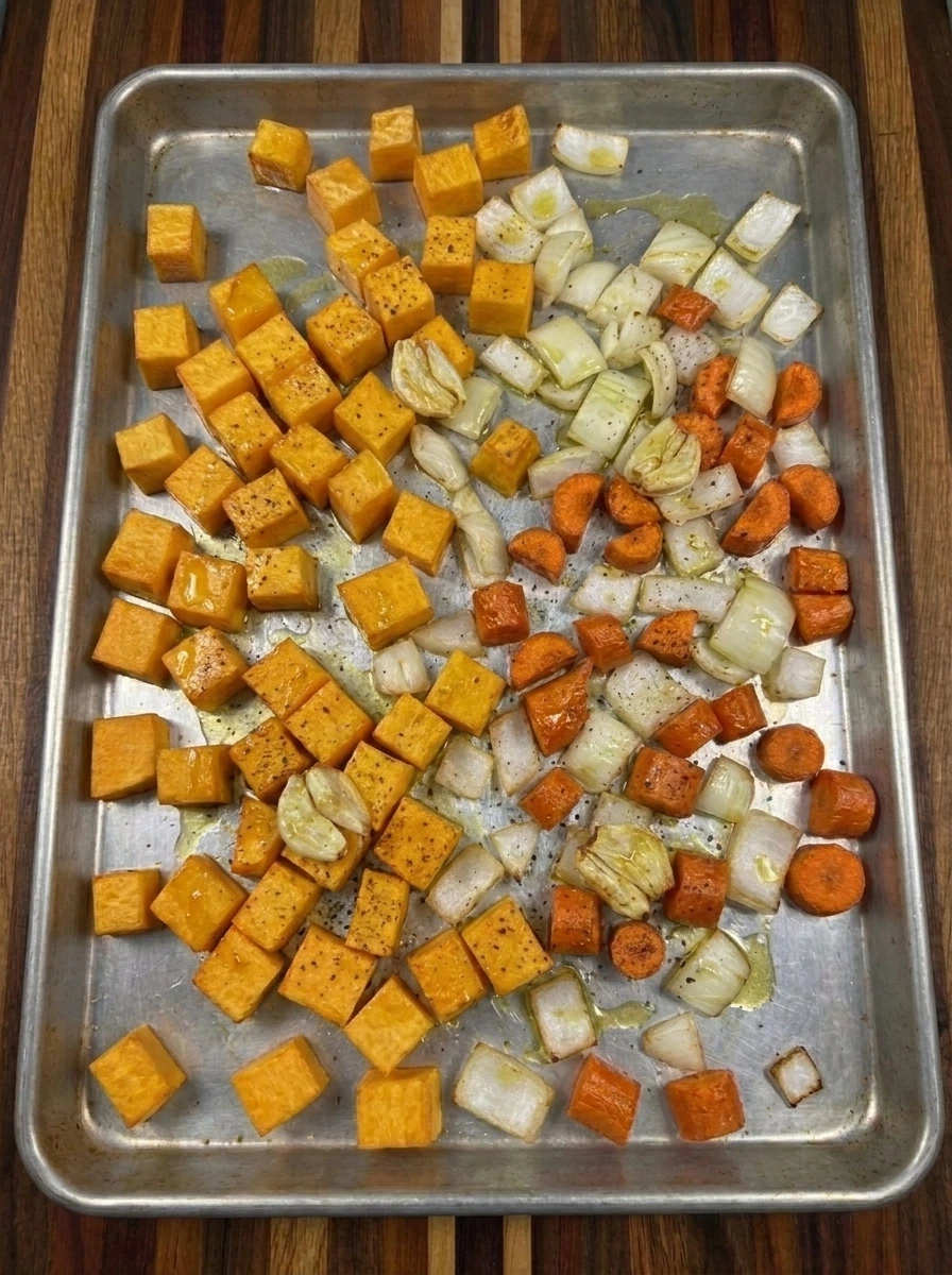 Roasted squash and vegetables for Butternut Squash Soup