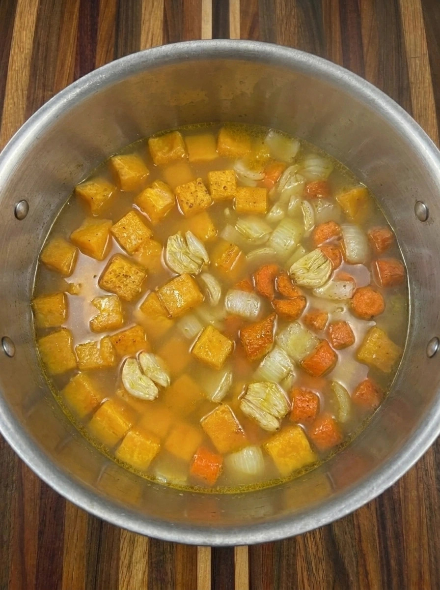 Roasted vegetables simmering in broth for Butternut Squash Soup
