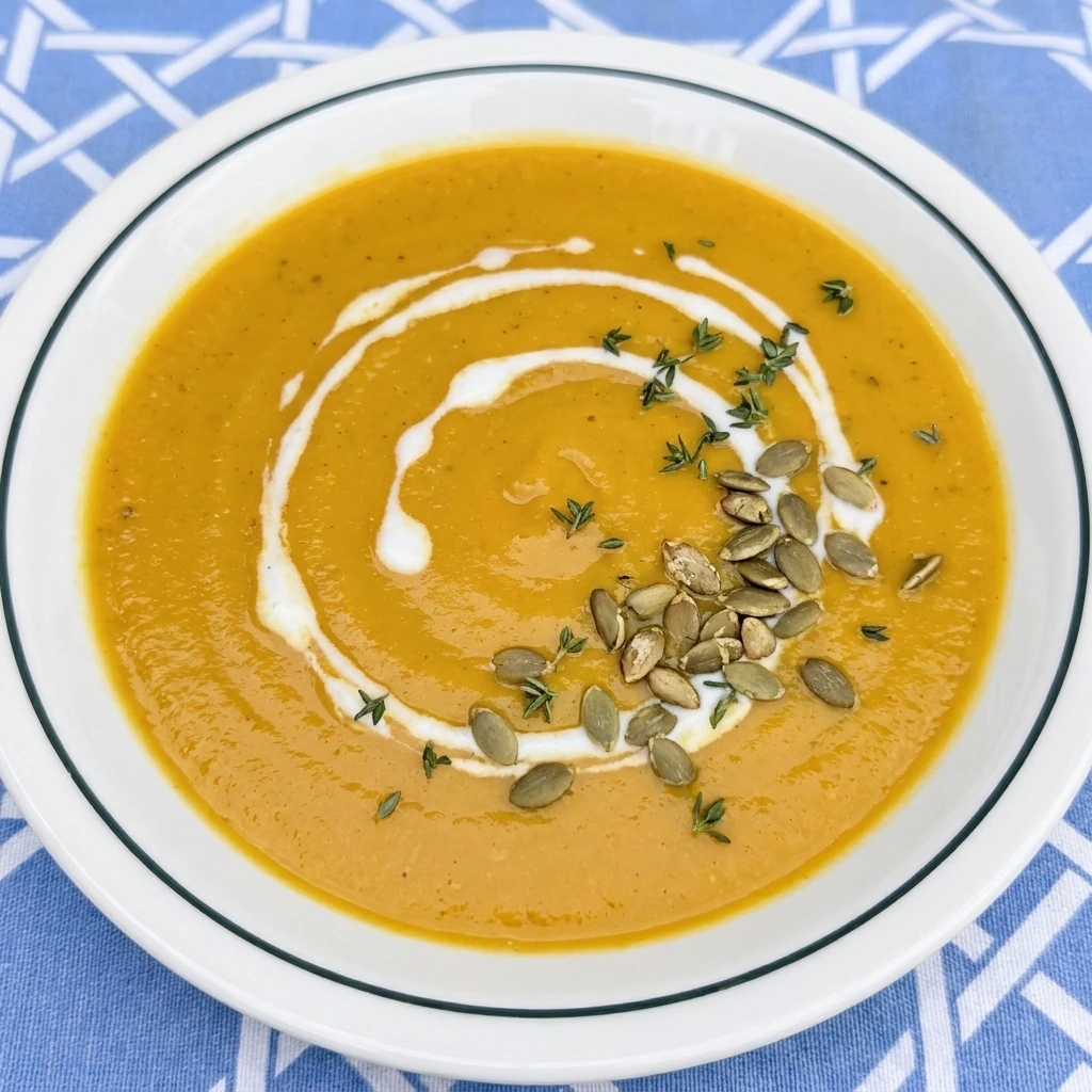Served Butternut Squash Soup with seeds and thyme