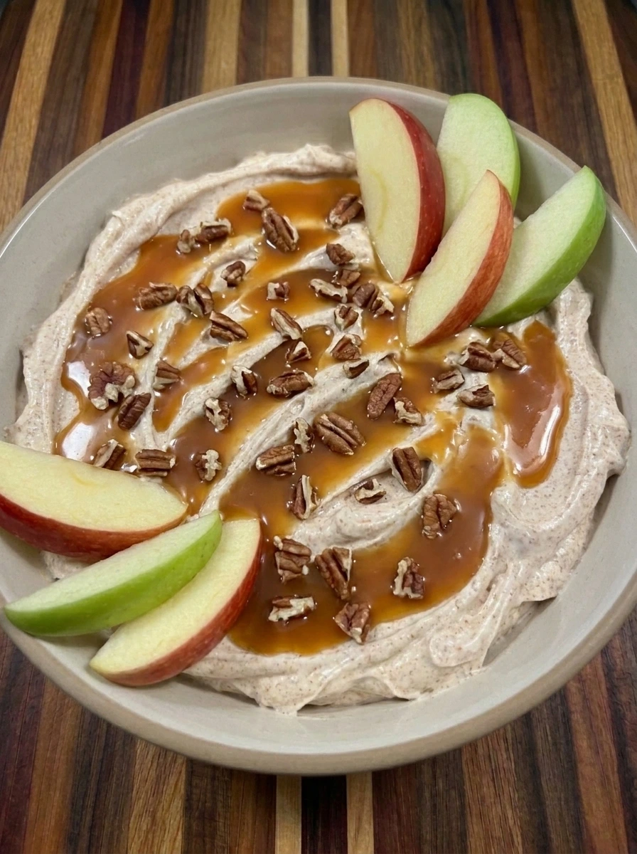 Finished Caramel Apple Cheesecake Dip with apples caramel and pecans