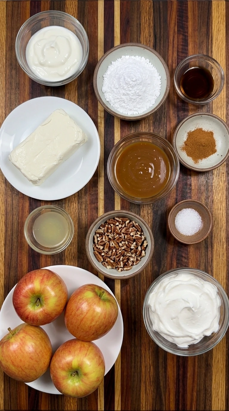 Ingredients for Caramel Apple Cheesecake Dip in separate bowls