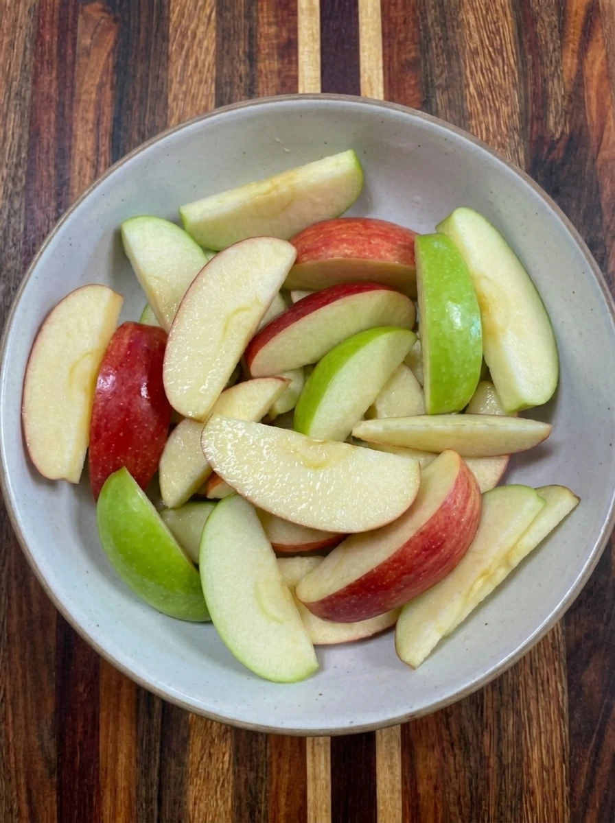 Sliced apples tossed with lemon juice for Caramel Apple Cheesecake Dip