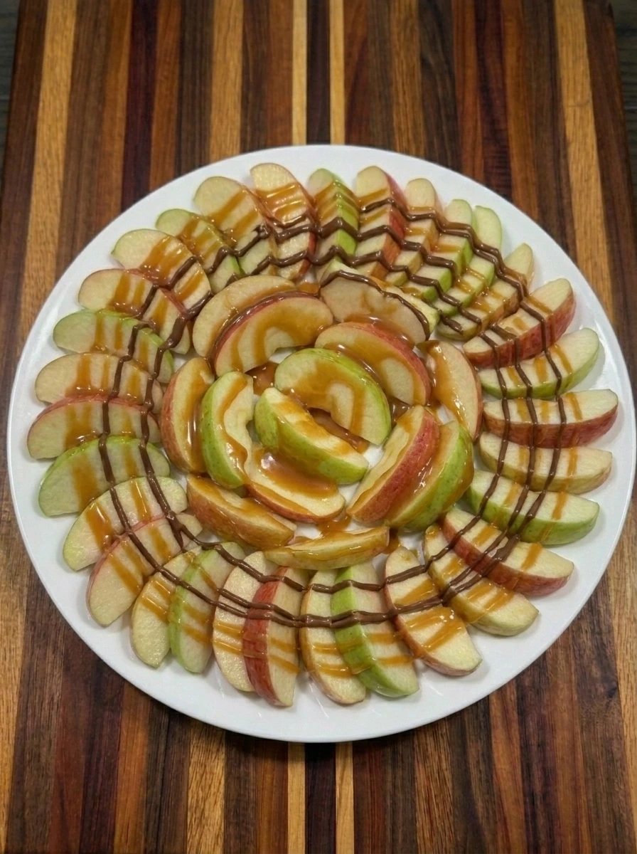 Caramel and chocolate drizzled over apple wedges for Caramel Apple Nachos