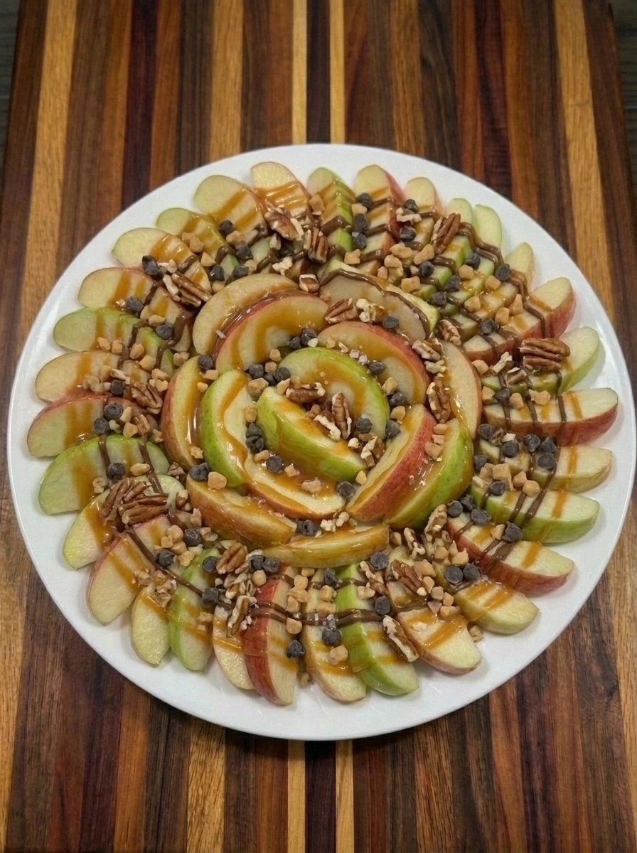 Finished Caramel Apple Nachos with pecans chocolate chips toffee and sea salt