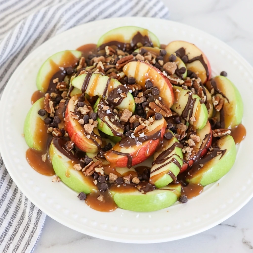 Caramel Apple Nachos with caramel chocolate pecans and toffee on a serving plate