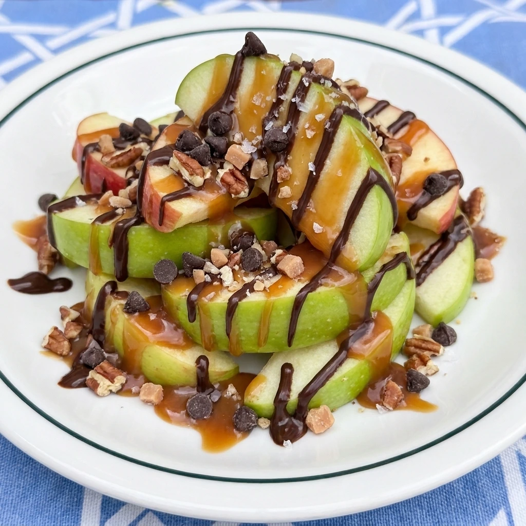 Single portion of Caramel Apple Nachos with caramel chocolate and crunchy toppings