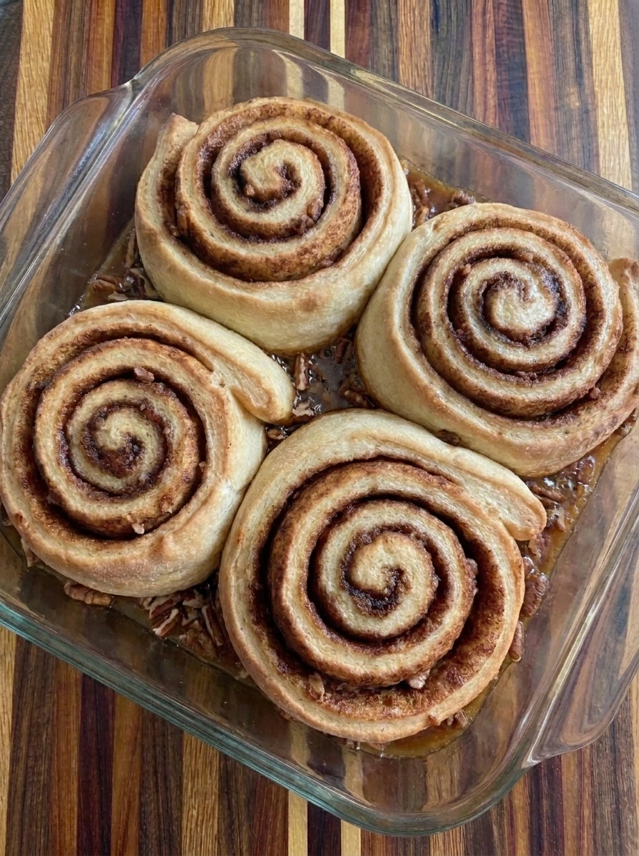 Baked Caramel Pecan Cinnamon Rolls with golden tops