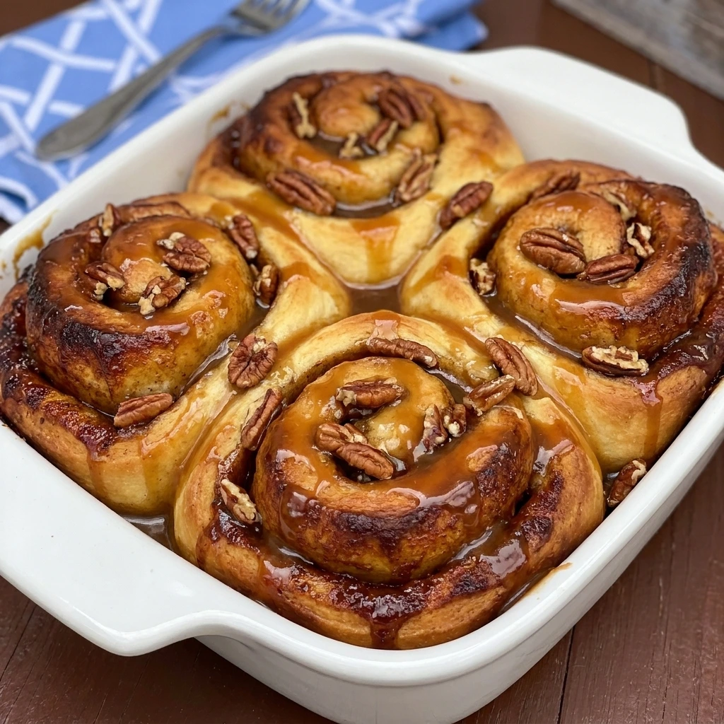 Caramel Pecan Cinnamon Rolls with glossy caramel and toasted pecans