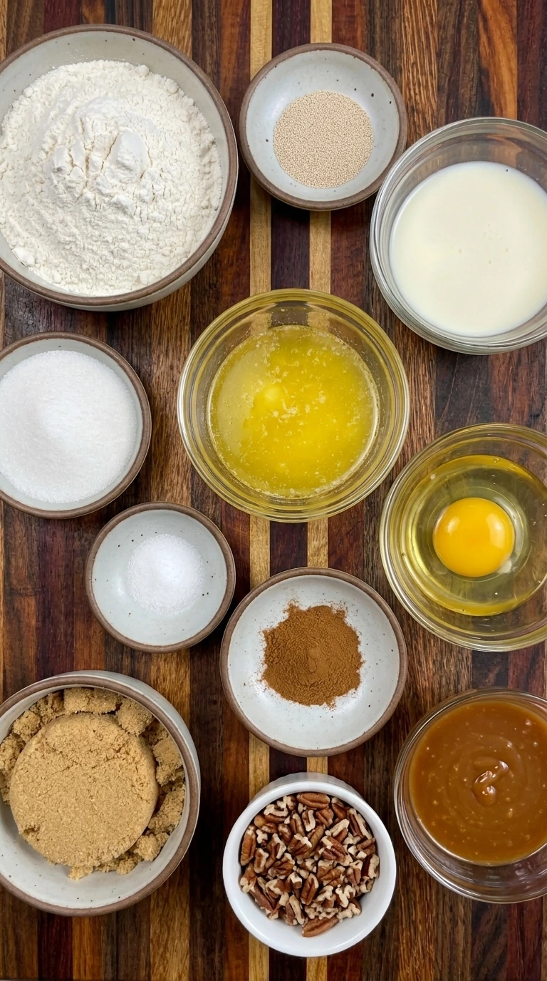 Ingredients for Caramel Pecan Cinnamon Rolls in separate bowls