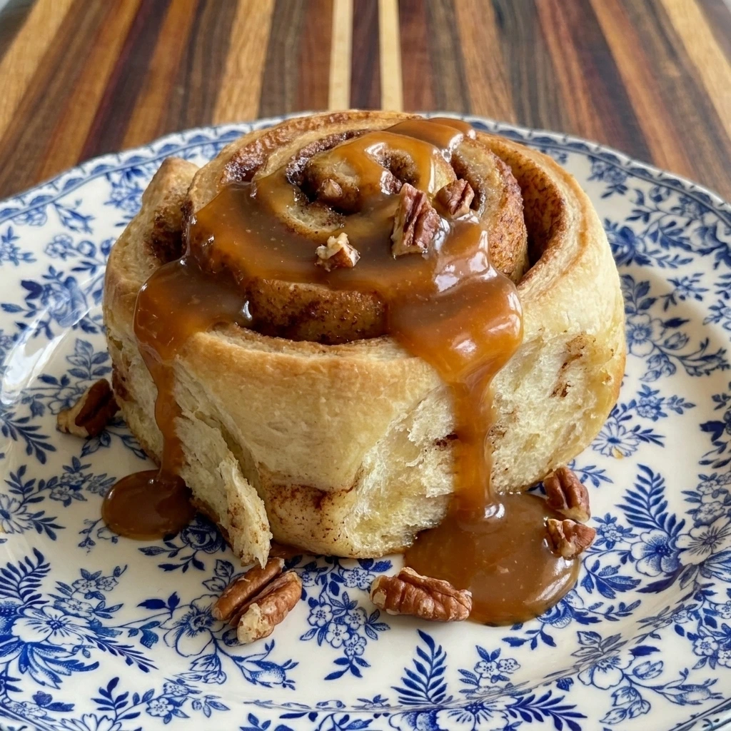 Single served Caramel Pecan Cinnamon Roll with caramel drizzle