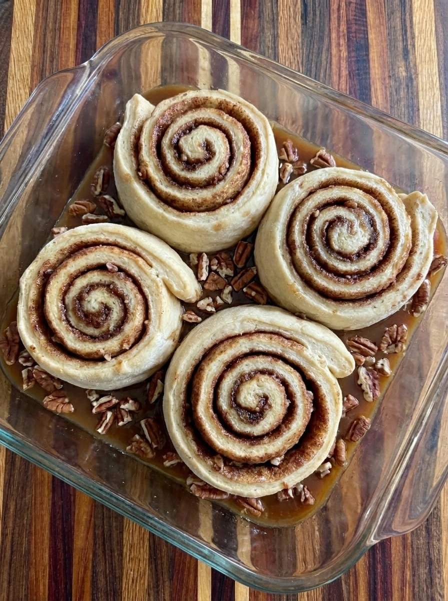 Four sliced Caramel Pecan Cinnamon Rolls in caramel pecan base