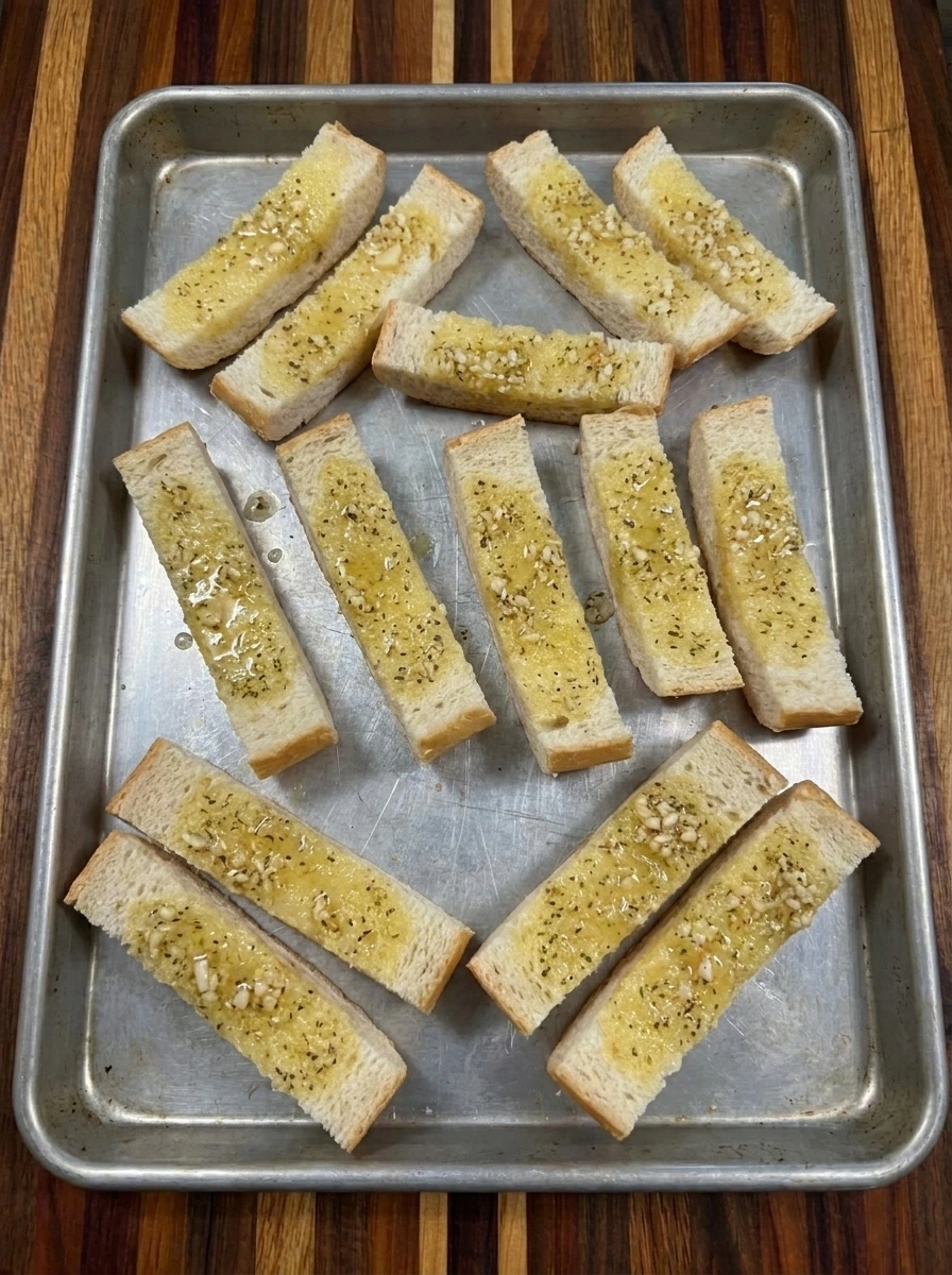 Bread strips coated with garlic butter on a baking tray