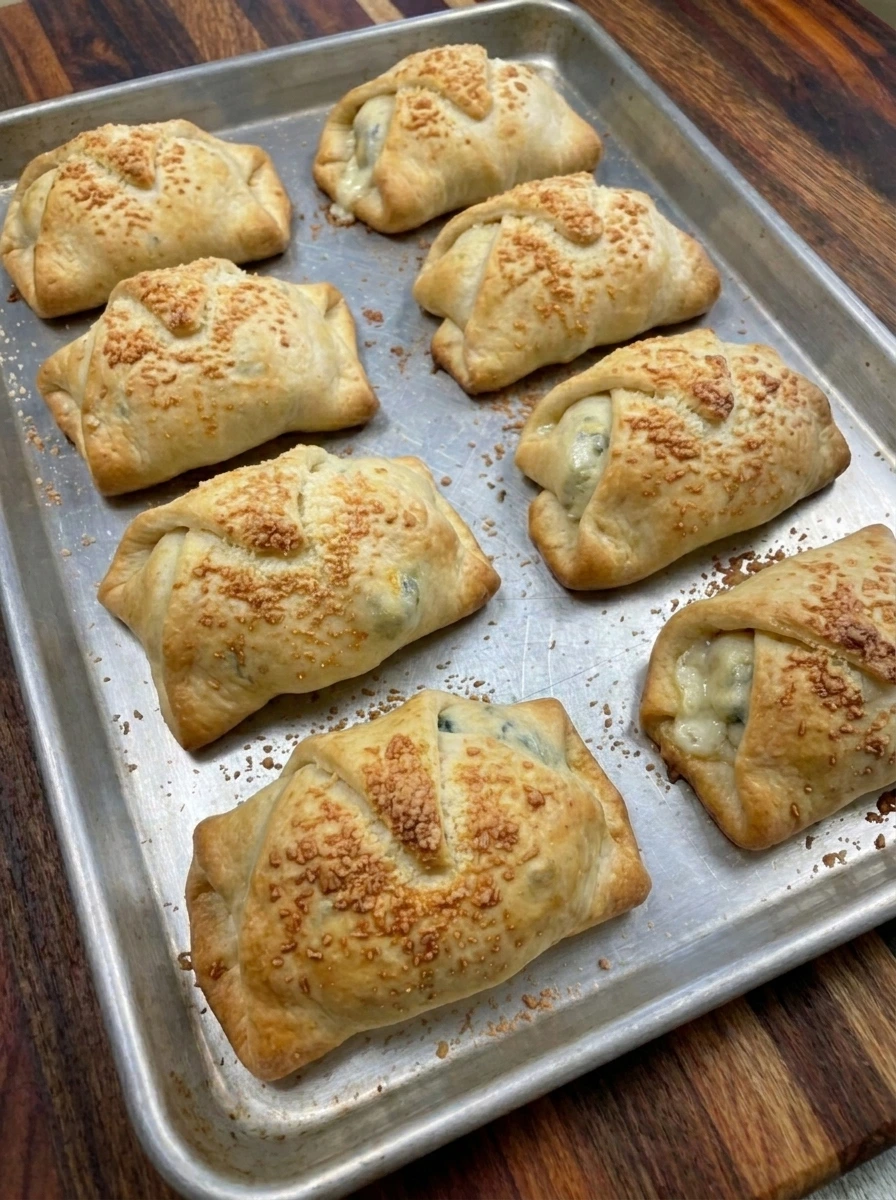 Eight golden baked Chicken Alfredo Snack Pockets on a tray