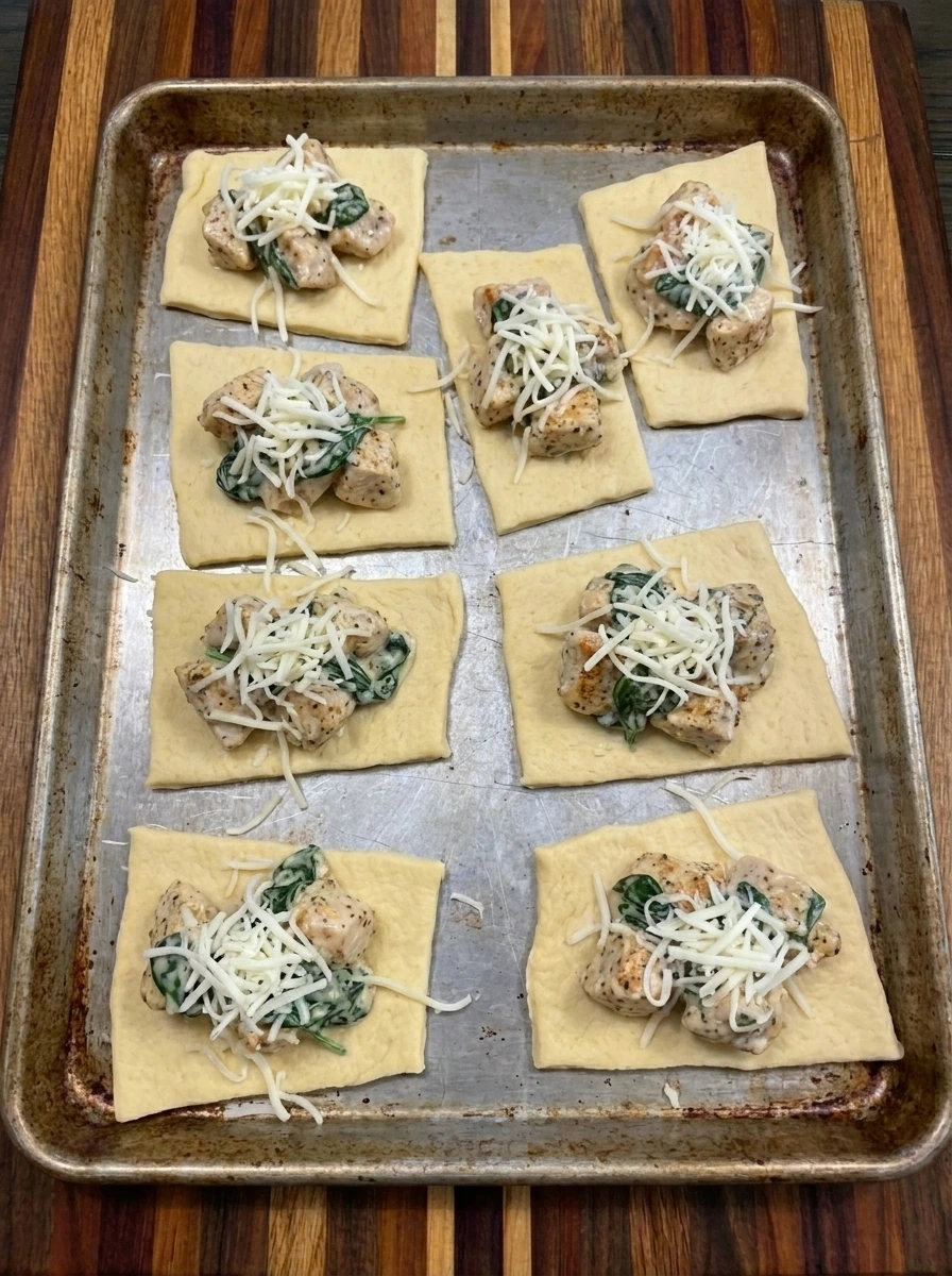 Chicken Alfredo filling and mozzarella layered on eight dough rectangles