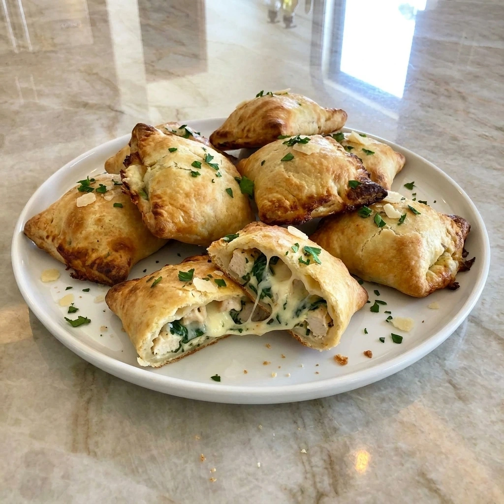 Golden Chicken Alfredo Snack Pockets with creamy chicken spinach and melted cheese filling