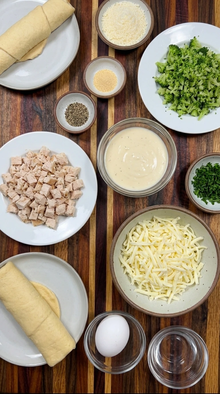 Ingredients for Chicken Alfredo Snack Pockets arranged in separate small containers