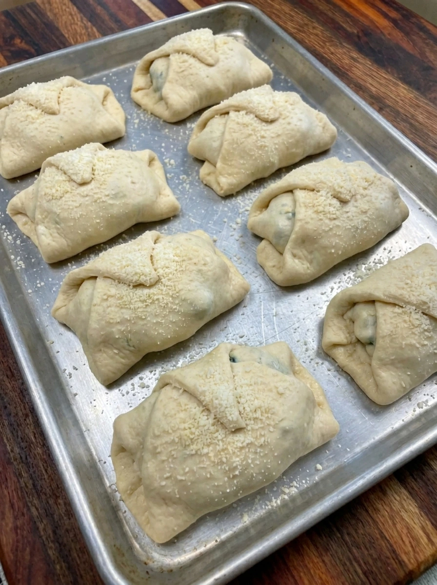 Eight folded and sealed Chicken Alfredo Snack Pockets before baking
