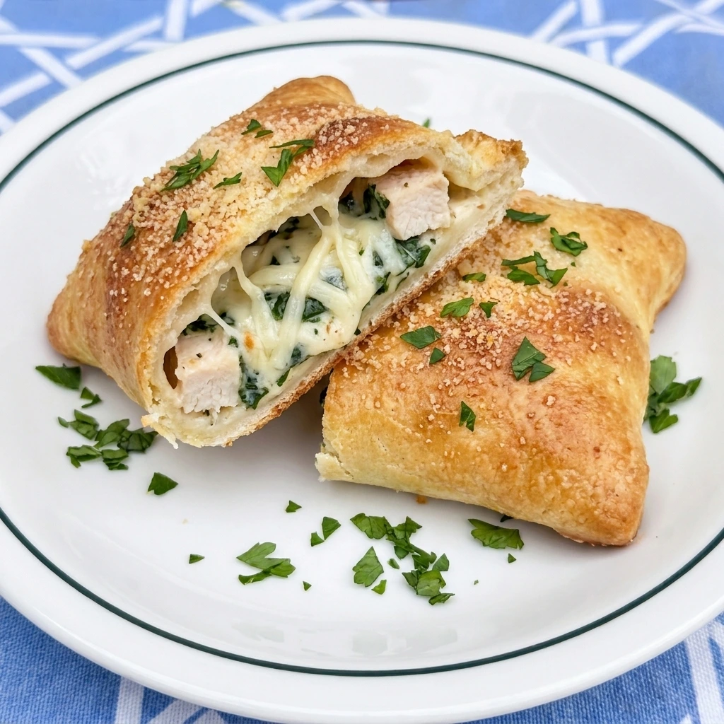 One serving of Chicken Alfredo Snack Pockets with a creamy cut center