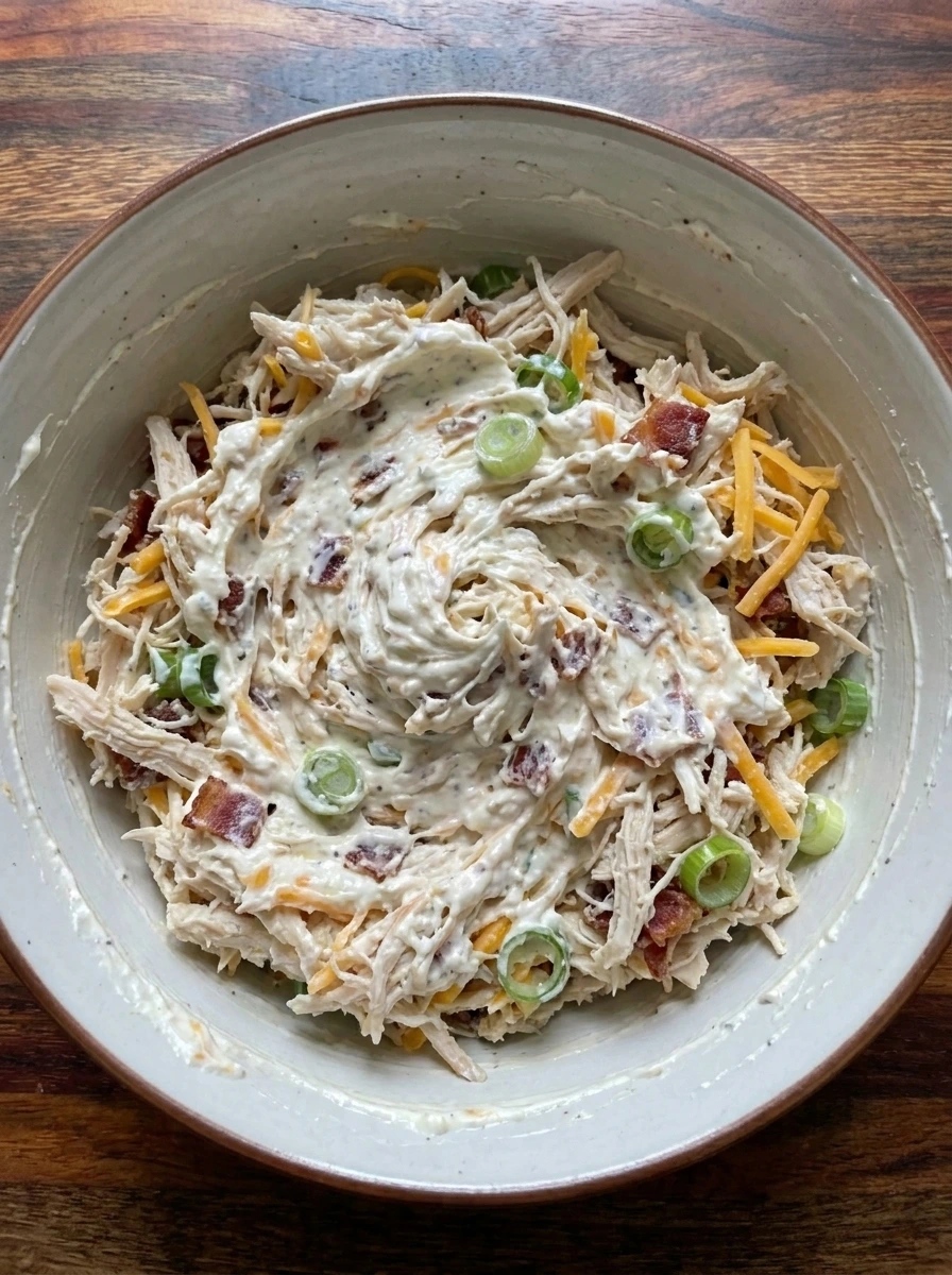 Creamy chicken bacon ranch filling mixed in a bowl