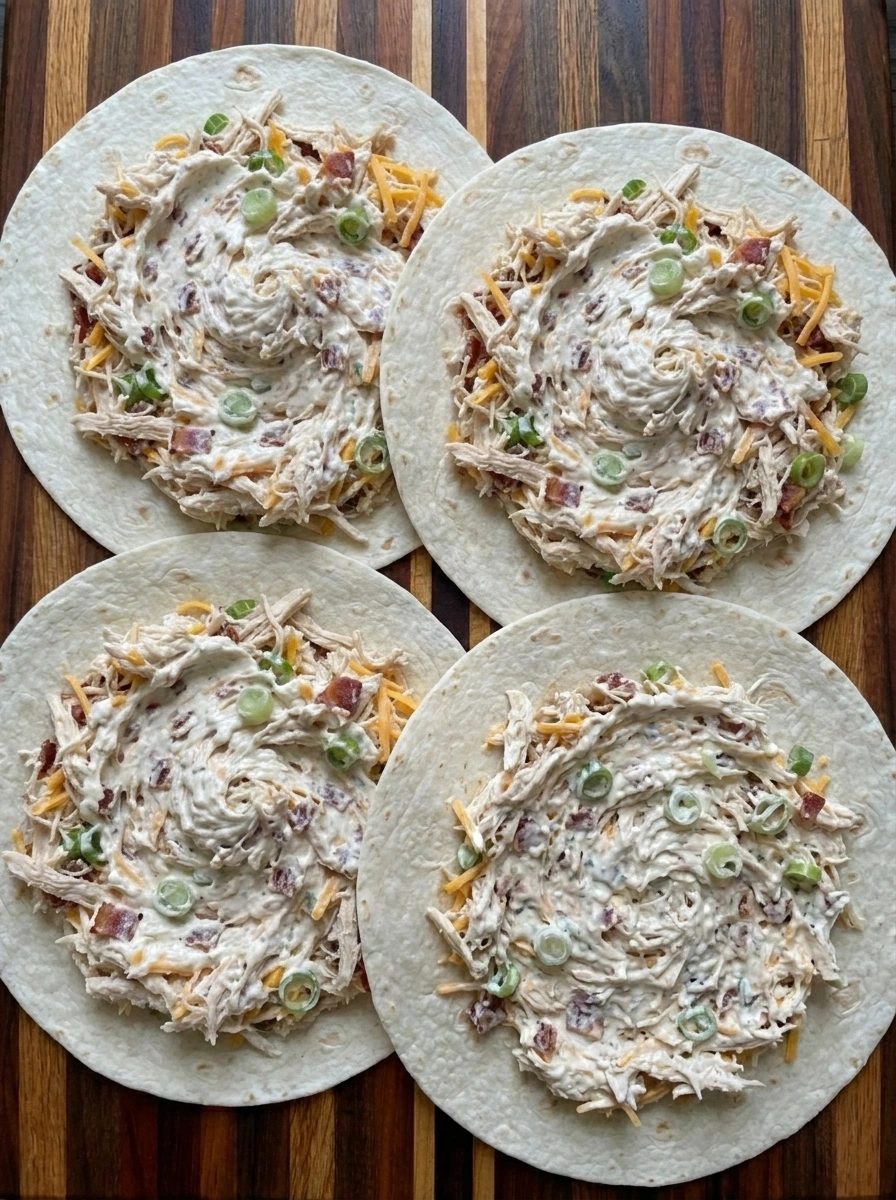 Chicken bacon ranch filling spread over four flour tortillas