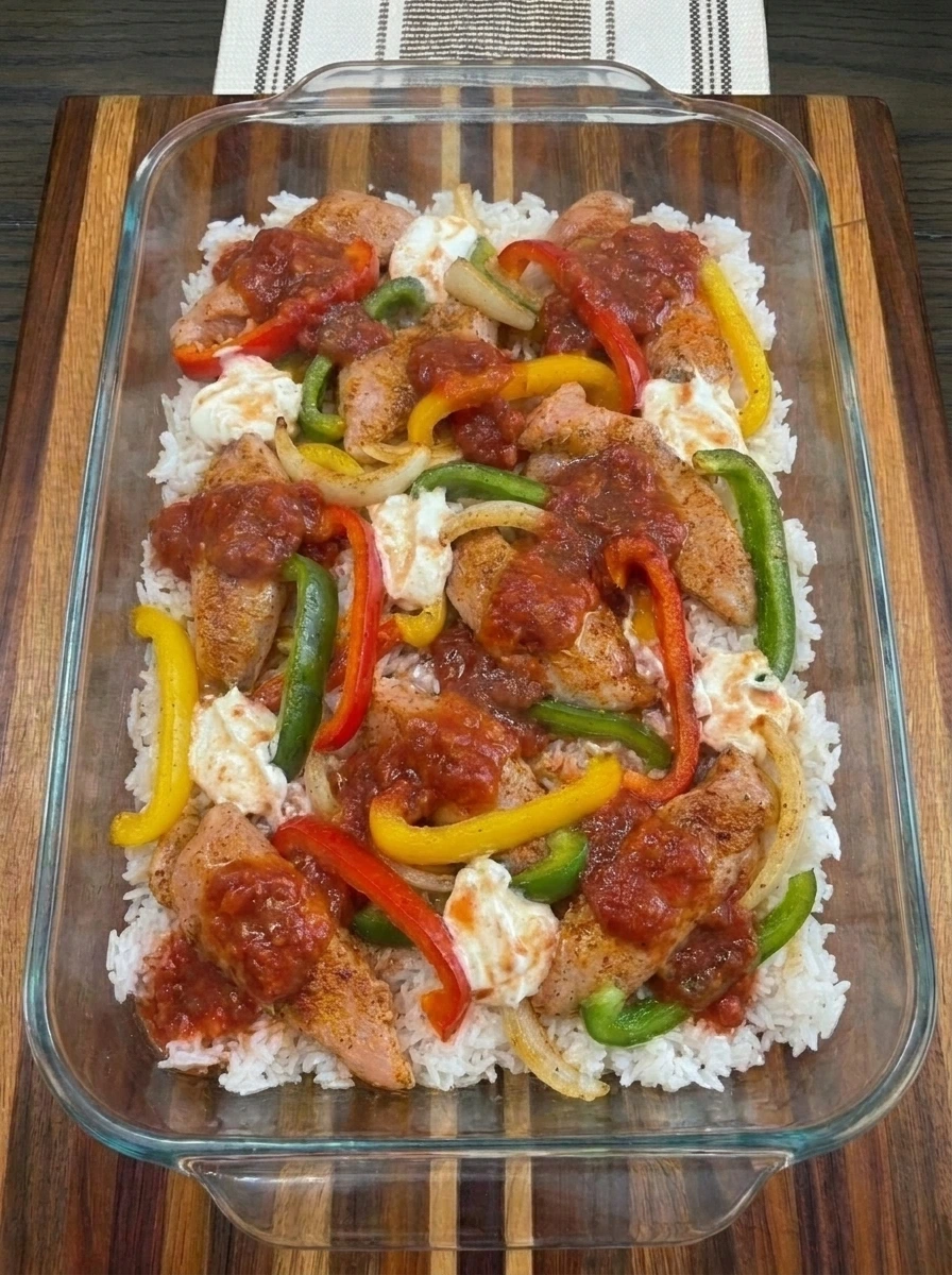 Chicken Fajita Casserole baked before cheese topping